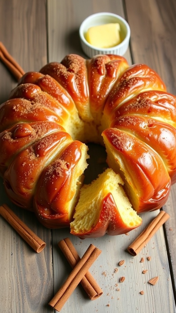Quick Cinnamon Monkey Bread Recipe Golden-brown monkey bread with cinnamon sugar, pulled apart, on a wooden table with melted butter.